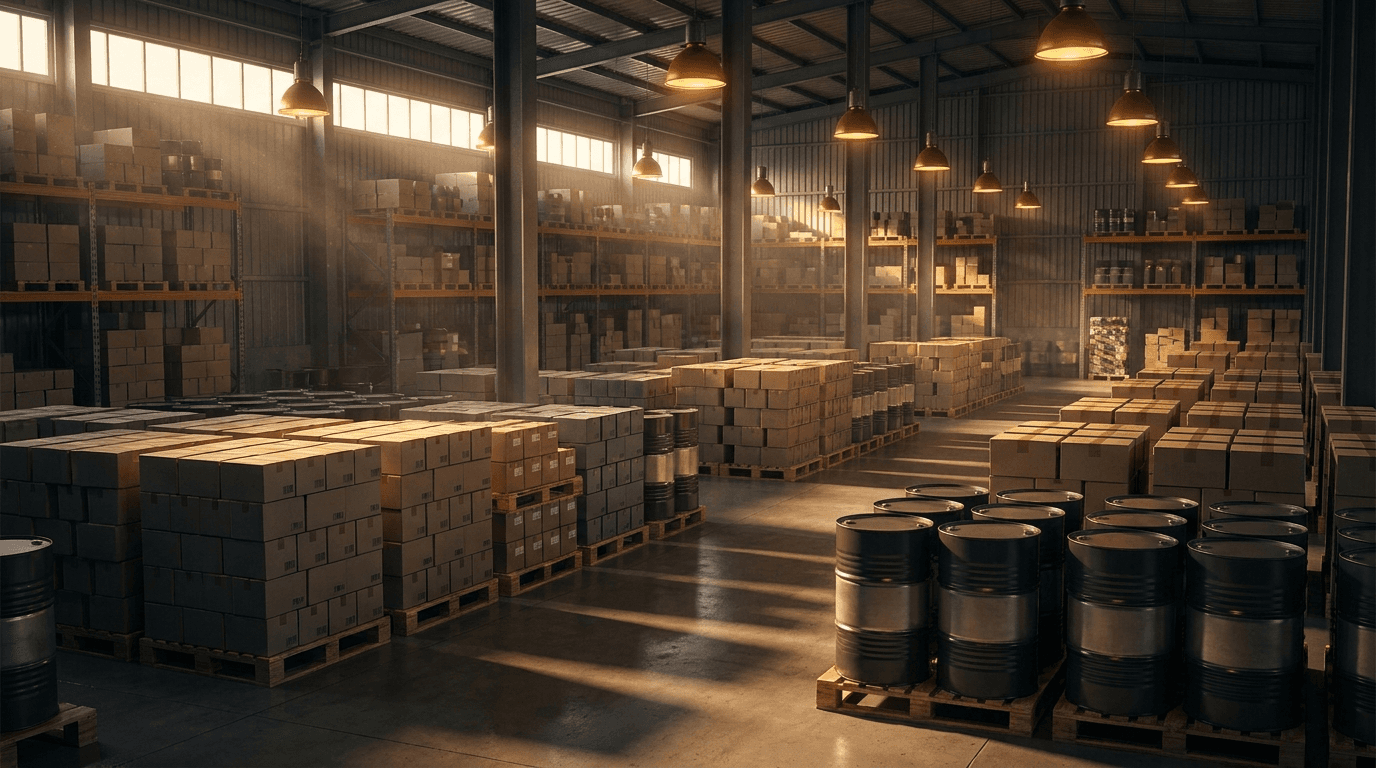 Pallets of motor oil and supply stock in the warehouse